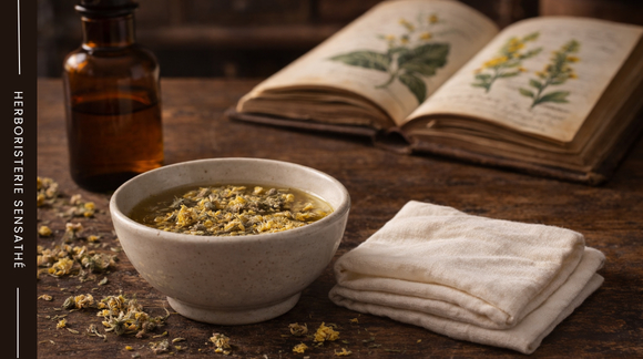 Cataplasme traditionnel de bouillon-blanc en herboristerie pour les douleurs, les furoncles, les brûlures et les soins externes - Herboristerie Sensathé Cataplasme traditionnel de bouillon-blanc en herboristerie pour les douleurs, les furoncles, les brûlures et les soins externes - Herboristerie Sensathé